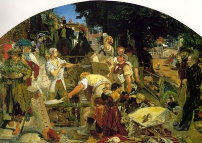 Ford Madox Brown painted 'Work' between 1852 and 1865. The painting is of a lively street scene in Victorian Hampstead, London and shows a group of navvies (road-diggers) hard at work as well as a spectrum of social classes ranging from the homeless and the unemployed to a chickweed-seller, an MP and political protestors.