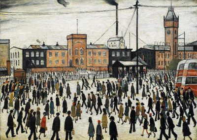 Going to Work by L.S. Lowry. Factory workers going to work at the Mather & Platt, Manchester, in the white industrial haze. Painted 1943 and displayed in the Imperial War Museum.